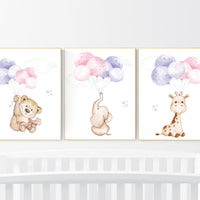 Girl nursery decor, pink and  purple nursery, animal prints, elephant nursery, bear nursery, giraffe nursery, balloon nursery, pink purple