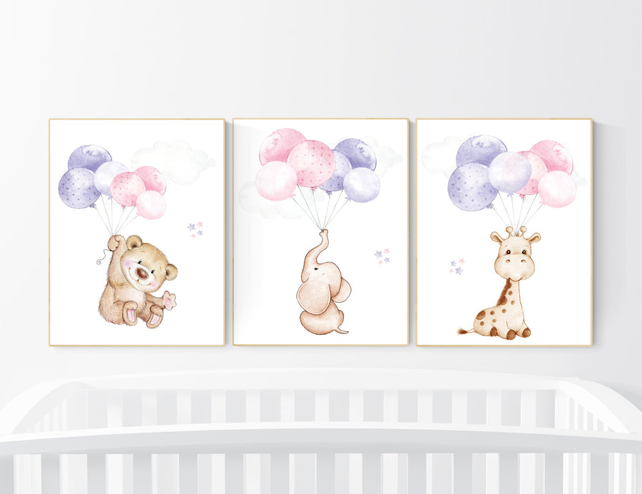 Girl nursery decor, pink and  purple nursery, animal prints, elephant nursery, bear nursery, giraffe nursery, balloon nursery, pink purple