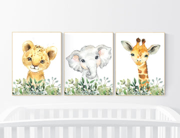Jungle Animals, Safari Animal Nursery Prints, safari animals, safari nursery, Greenery, gender neutral nursery, Boy Nursery Wall Art