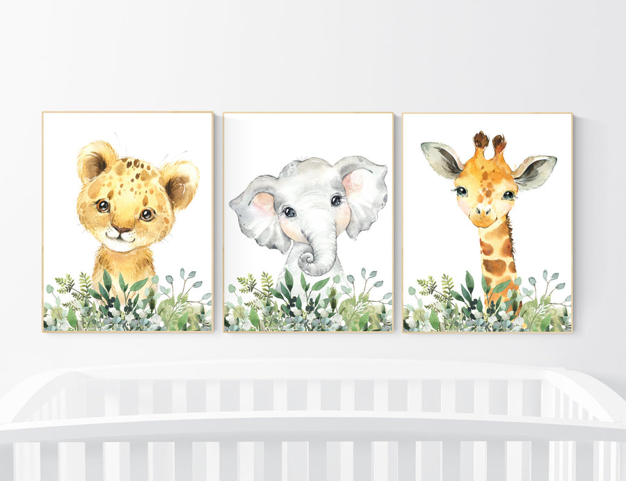 Jungle Animals, Safari Animal Nursery Prints, safari animals, safari nursery, Greenery, gender neutral nursery, Boy Nursery Wall Art