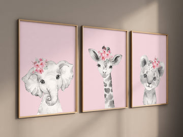 Girl nursery decor, Nursery wall art animals, Safari animals, Floral Nursery Prints, pink nursery, girls nursery decor, elephant nursery