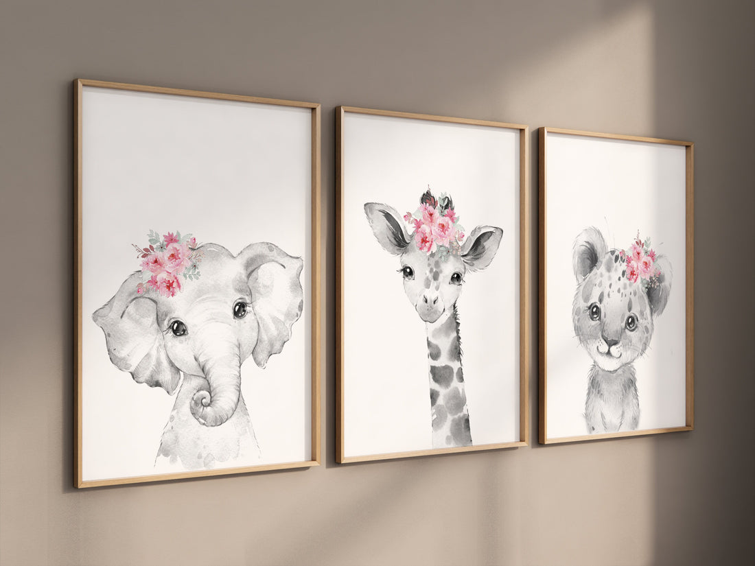 Girl nursery decor, Nursery wall art animals, Safari animals, Floral Nursery Prints, pink nursery, girls nursery decor, elephant nursery