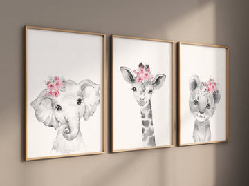 Girl nursery decor, Nursery wall art animals, Safari animals, Floral Nursery Prints, pink nursery, girls nursery decor, elephant nursery