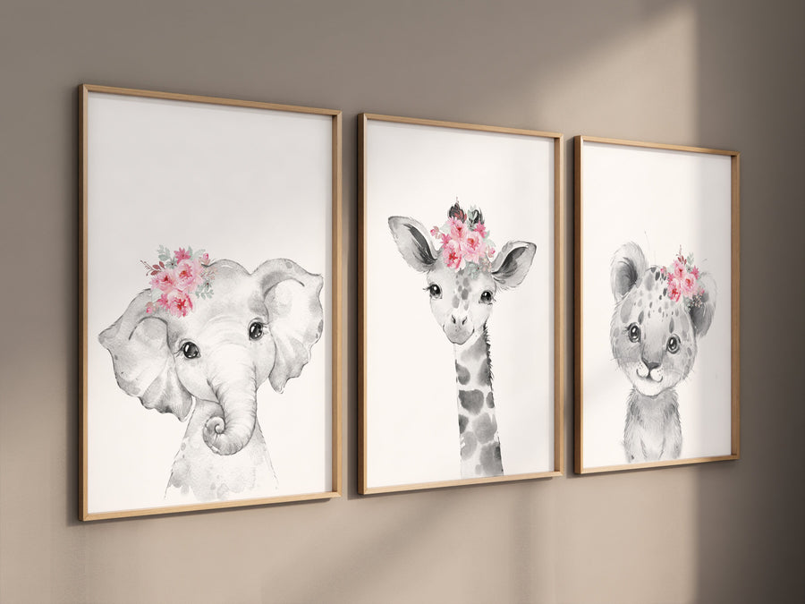 Girl nursery decor, Nursery wall art animals, Safari animals, Floral Nursery Prints, pink nursery, girls nursery decor, elephant nursery