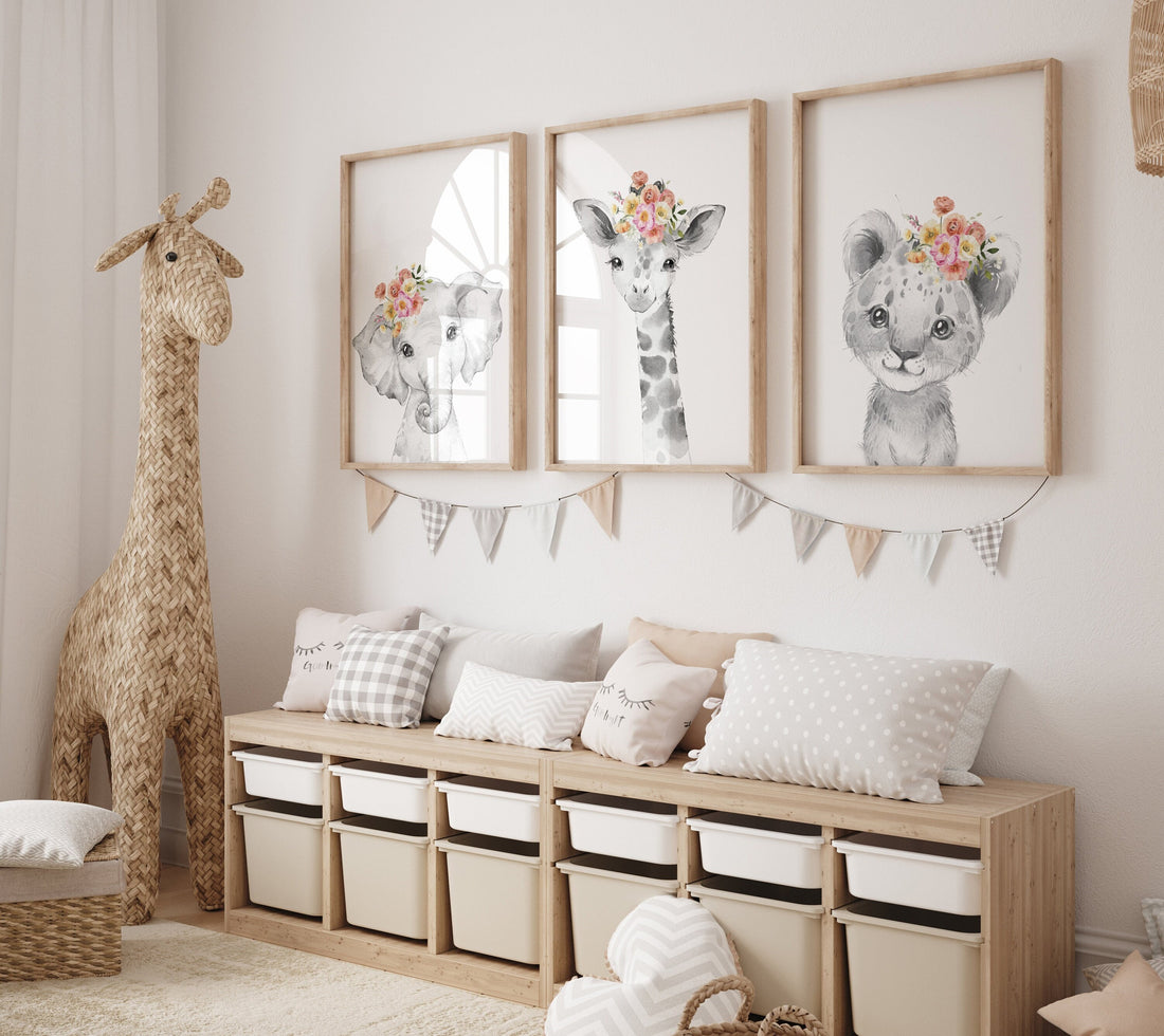 Girl nursery decor, Nursery wall art animals, Safari animals, Floral Nursery Prints, pink nursery, girls nursery decor, elephant nursery