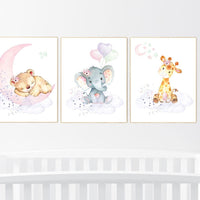 Nursery decor floral jungle, nursery decor animals, Nursery wall art girl elephant, giraffe, bear, pink, purple, girl nursery wall decor