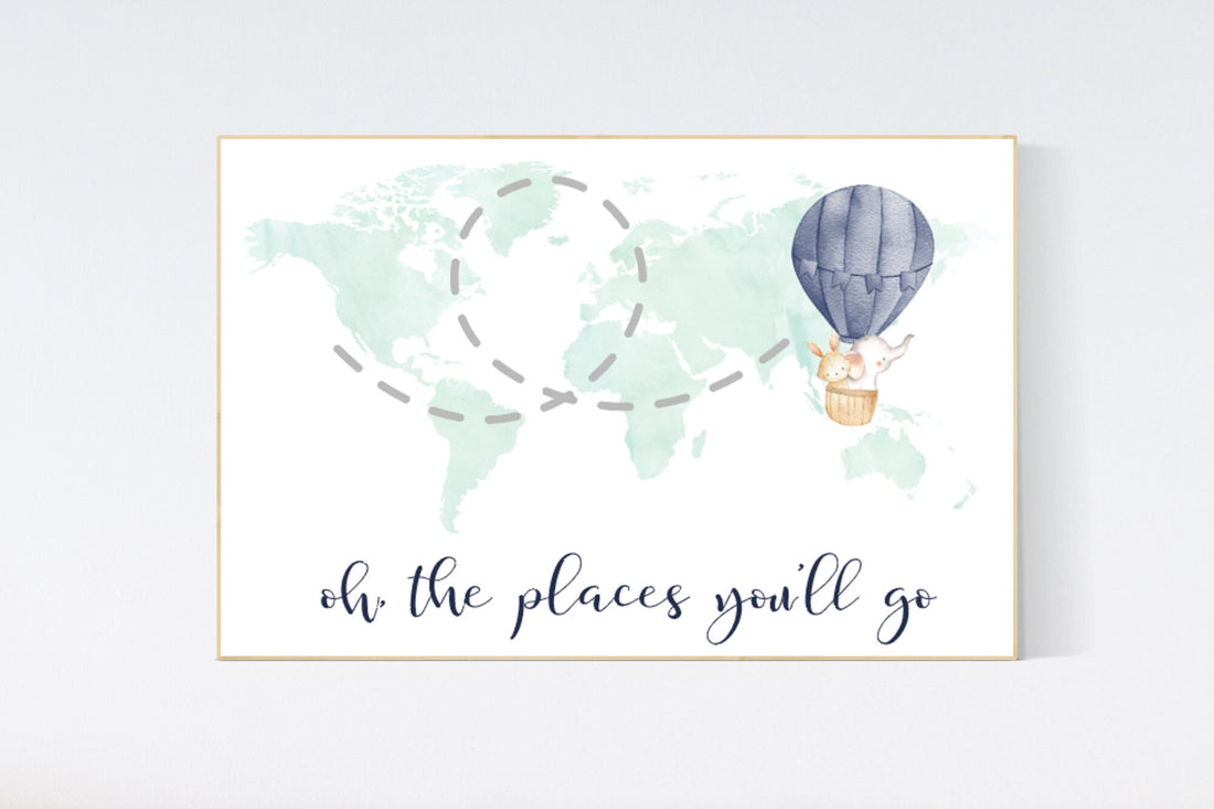 Oh the places you will go, world map, mint nursery print, baby room, nursery room decor, world map, travel themed nursery, travel nursery