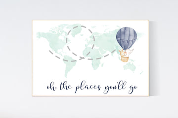 Oh the places you will go, world map, mint nursery print, baby room, nursery room decor, world map, travel themed nursery, travel nursery