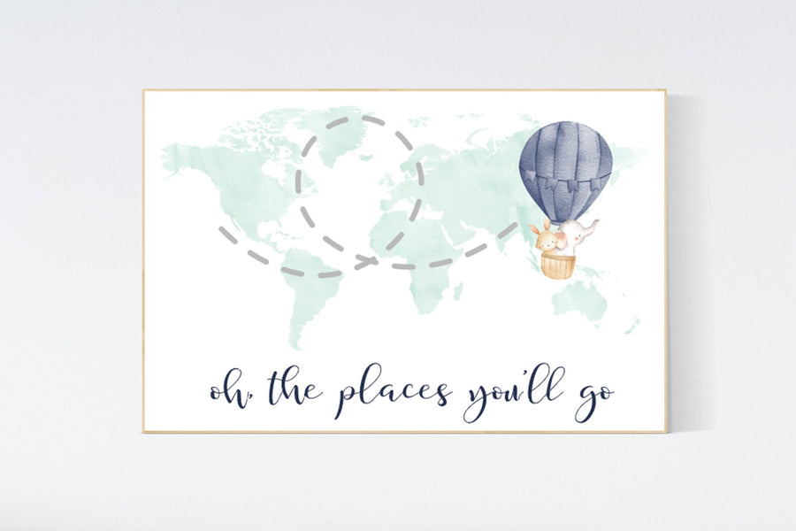 Oh the places you will go, world map, mint nursery print, baby room, nursery room decor, world map, travel themed nursery, travel nursery