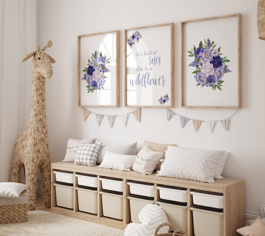 Purple flower nursery decor, Nursery decor girl purple, in a field of roses she is a wildflower, lavender nursery, lilac nursery, girls room