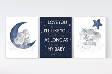 Nursery decor boy, nursery wall art elephant, navy nursery decor,, moon and stars, navy blue nursery art, baby room art, elephant nursery