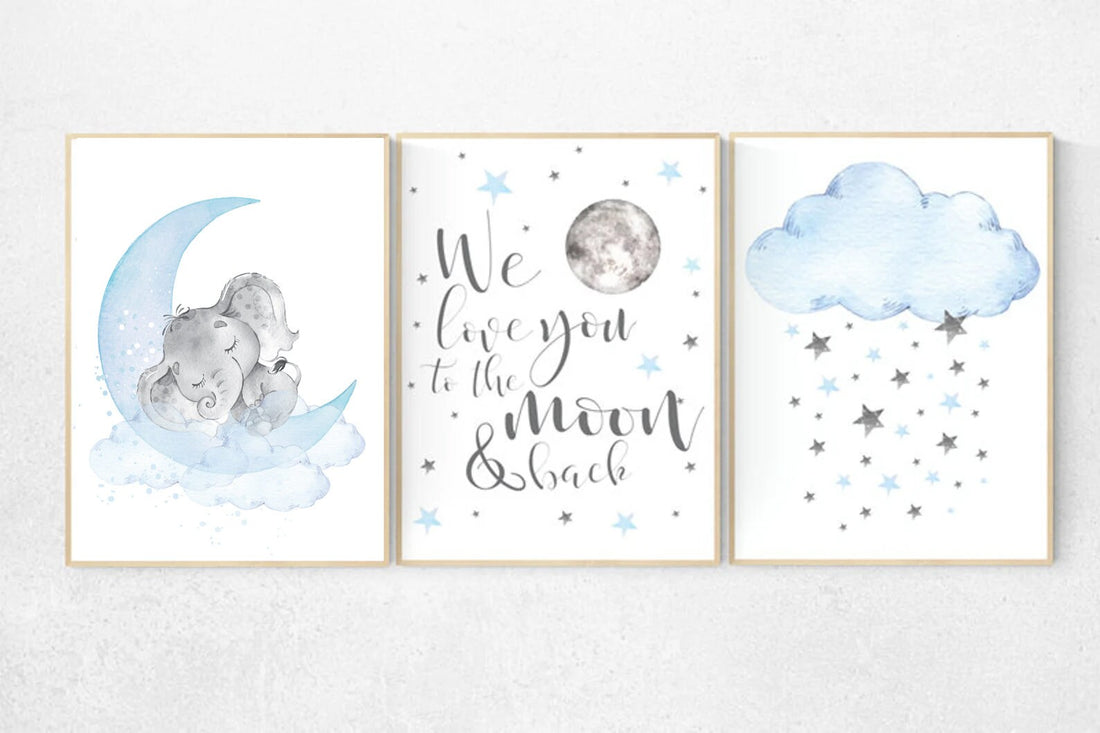 Blue and gray, Nursery decor boy, nursery decor, boys room decor, we love you to the moon and back , clouds and stars, blue grey nursery