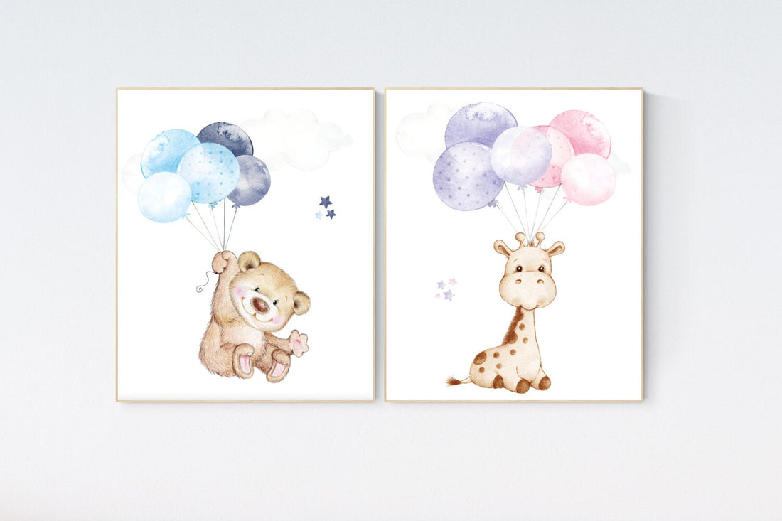 Balloon nursery, pink and purple, blue and navy, animal prints, bear nursery, giraffe nursery, balloon nursery, twin nursery