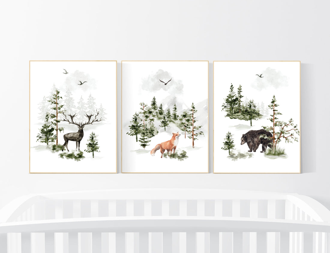 Nursery decor woodland, mountain wall art, tree nursery decor, adventure theme nursery, forest, sage green, beige, woodland animals