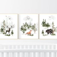 Nursery decor woodland, mountain wall art, tree nursery decor, adventure theme nursery, forest, sage green, beige, woodland animals