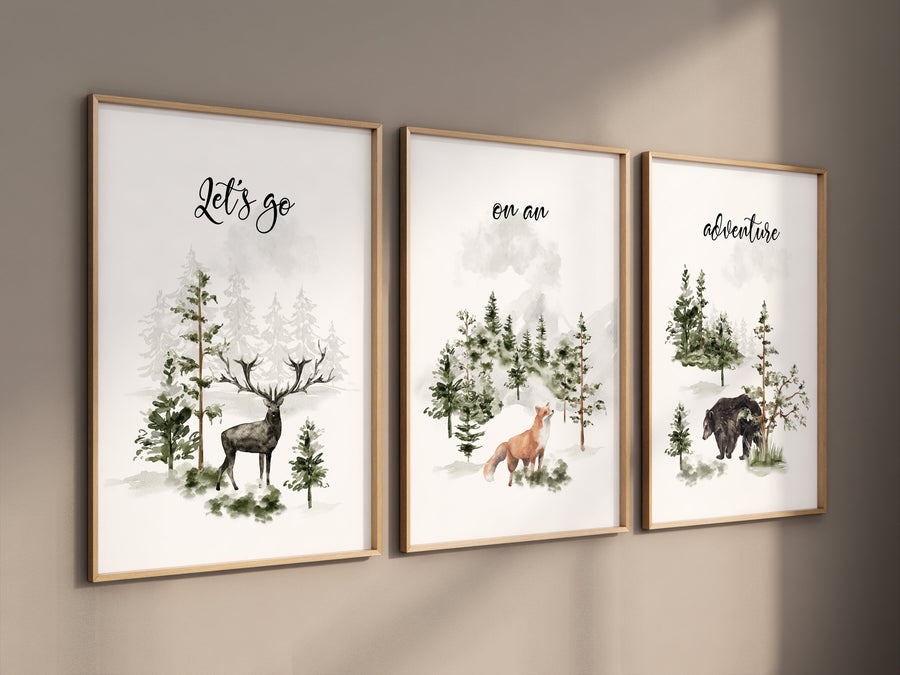 Nursery decor woodland, mountain wall art, tree nursery decor, adventure theme nursery, forest, sage green, beige, woodland animals