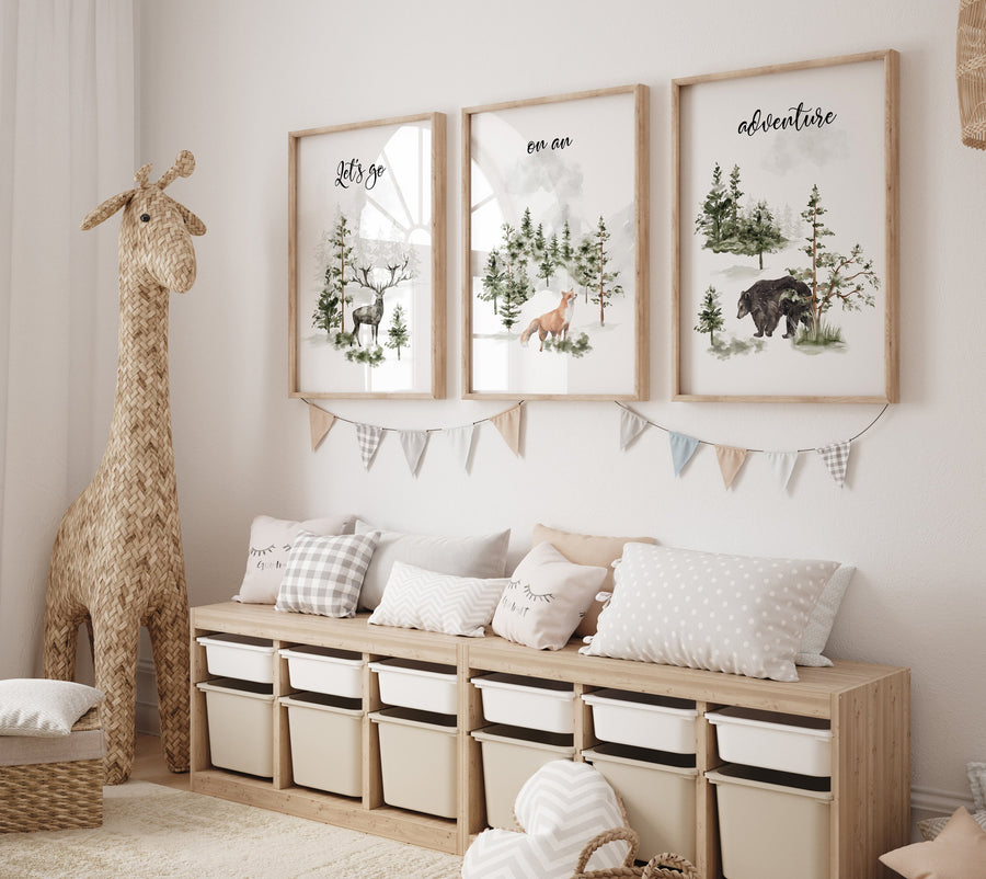 Nursery decor woodland, mountain wall art, tree nursery decor, adventure theme nursery, forest, sage green, beige, woodland animals