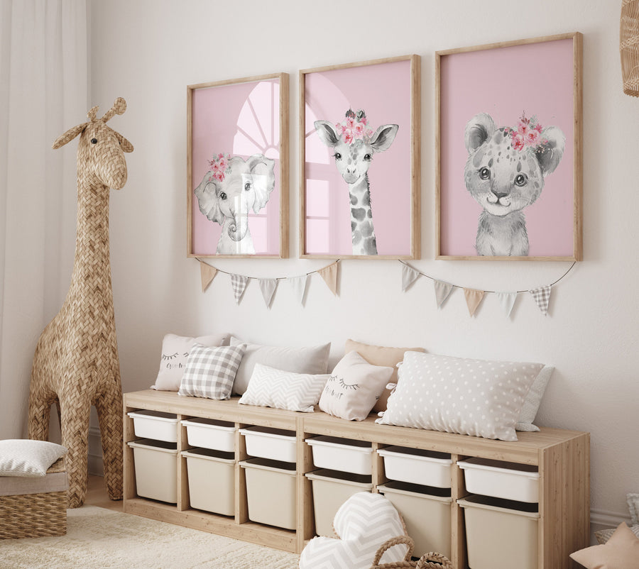 Girl nursery decor, Nursery wall art animals, Safari animals, Floral Nursery Prints, pink nursery, girls nursery decor, elephant nursery