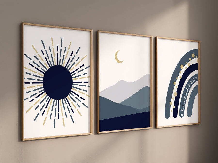 Nursery decor boy Boho, rainbow nursery, navy nursery, boys room decor, Navy and gold, moon nursery, boho prints, boys nursery wall art