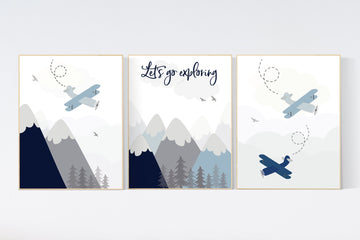Adventure nursery decor, nursery decor boy adventure, nursery decor boy airplane, let's go exploring, mountain nursery, blue and navy