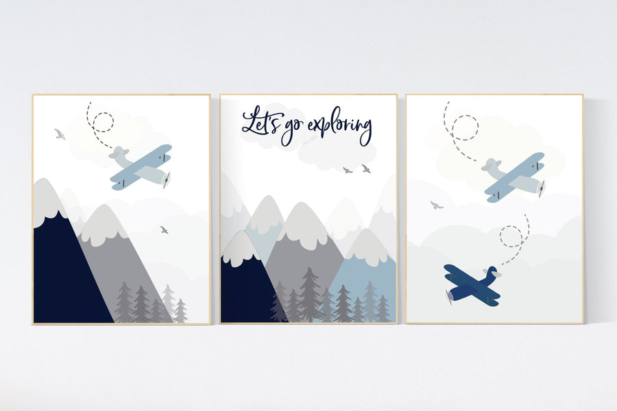 Adventure nursery decor, nursery decor boy adventure, nursery decor boy airplane, let's go exploring, mountain nursery, blue and navy