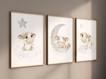 Cow nursery decor, grey nursery, neutral nursery, nursery wall art cow, moon, stars, gender neutral, gray nursery art, gender neutral