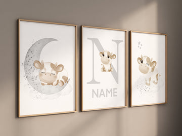Cow nursery decor, grey nursery, neutral nursery, nursery wall art cow, moon, stars, gender neutral, gray nursery art, gender neutral