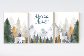 Nursery decor woodland, mountain wall art, tree nursery decor, adventure theme nursery, forest, green, orange, woodland animals