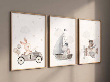 Nursery wall art animals, grey nursery, gender neutral, neutral nursery, bear nursery, elephant nursery, rabbit nursery, travel nursery