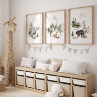 Nursery decor woodland, mountain wall art, tree nursery decor, adventure theme nursery, forest, sage green, beige, woodland animals