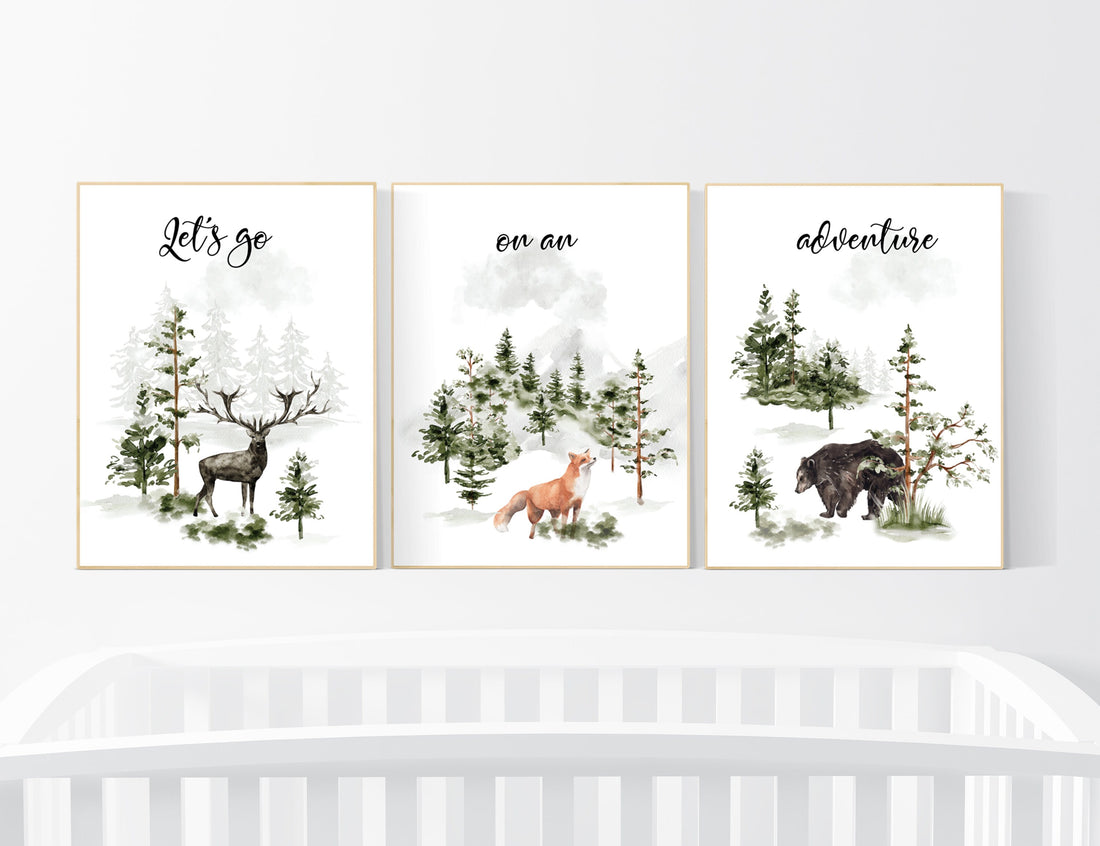 Nursery decor woodland, mountain wall art, tree nursery decor, adventure theme nursery, forest, sage green, beige, woodland animals