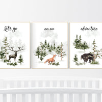 Nursery decor woodland, mountain wall art, tree nursery decor, adventure theme nursery, forest, sage green, beige, woodland animals