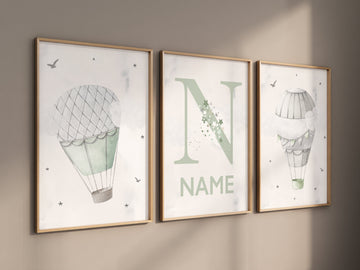 Nursery decor gender neutral, sage green, hot air balloon, green nursery, baby room decor, nursery prints, travel theme nursery, adventure