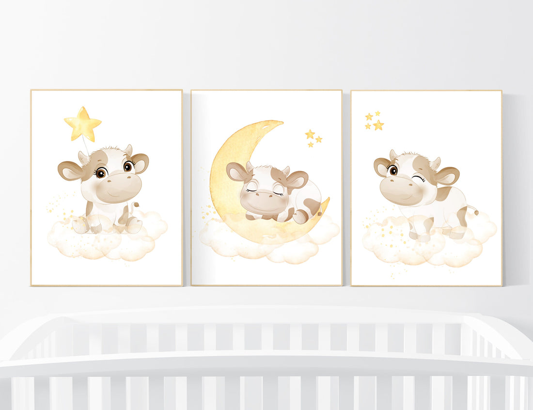 Cow nursery decor, Yellow nursery, nursery wall art cow, moon, stars, gender neutral, yellow and gray nursery art, baby room art