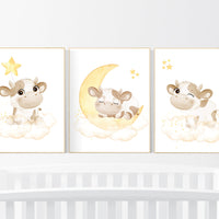 Cow nursery decor, Yellow nursery, nursery wall art cow, moon, stars, gender neutral, yellow and gray nursery art, baby room art