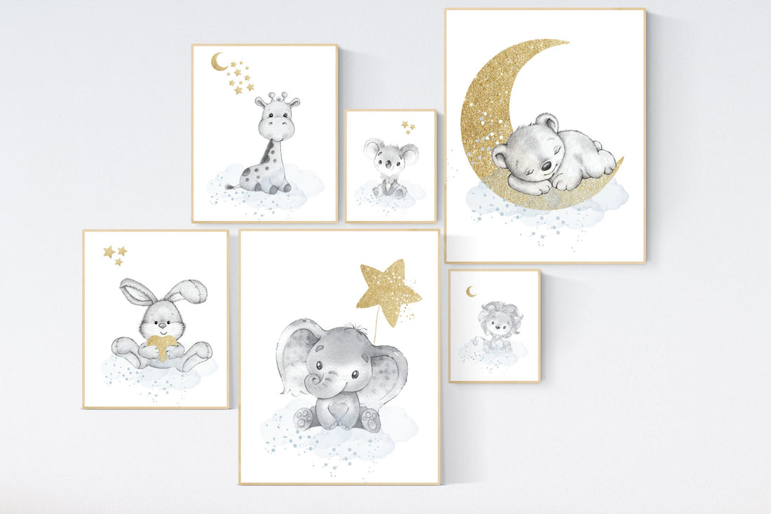 Animal prints, Gender neutral nursery, gold and blue nursery, elephant, giraffe, lion, koala, rabbit, bear, animal nursery, neutral colors