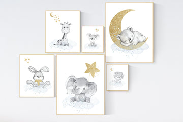 Animal prints, Gender neutral nursery, gold and blue nursery, elephant, giraffe, lion, koala, rabbit, bear, animal nursery, neutral colors