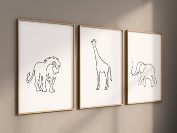 Nursery wall art animals, line art, animal nursery, gender neutral nursery, neutral nursery, baby room decor, lion, elephant, giraffe
