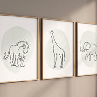 Safari Nursery Wall Art Set, Black and White Animal Prints, Minimalist Baby Room Decor, Lion Elephant Giraffe, Jungle Animals, sage green