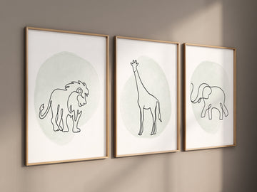 Safari Nursery Wall Art Set, Black and White Animal Prints, Minimalist Baby Room Decor, Lion Elephant Giraffe, Jungle Animals, sage green