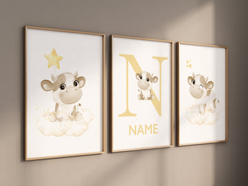 Cow nursery decor, Yellow nursery, nursery wall art cow, moon, stars, gender neutral, yellow and gray nursery art, baby room art