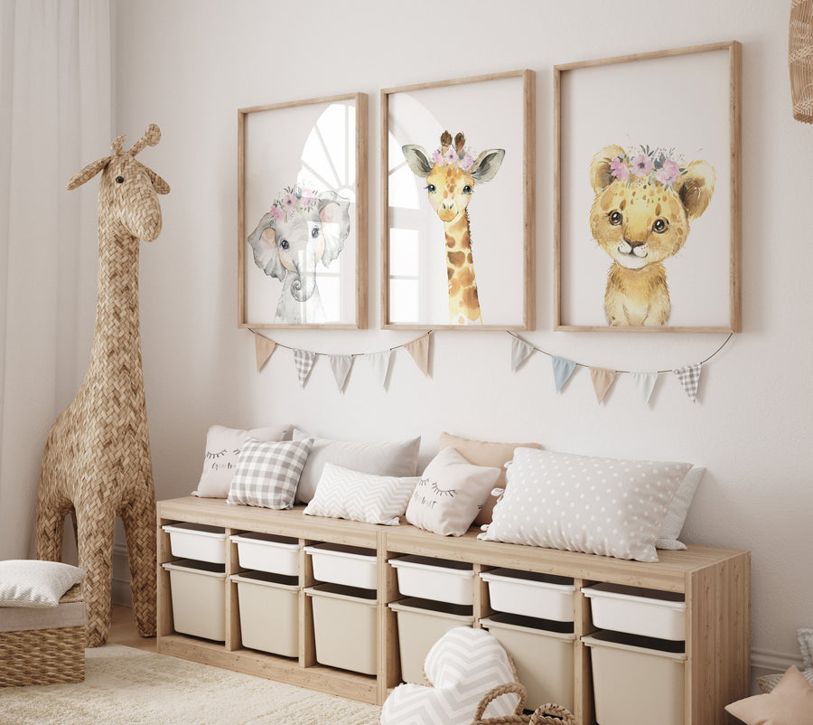 Safari Animals, girl nursery, Animals Prints, Woodland Nursery Decor, Safari Nursery Wall Art, floral animal prints, Pink Safari Animals