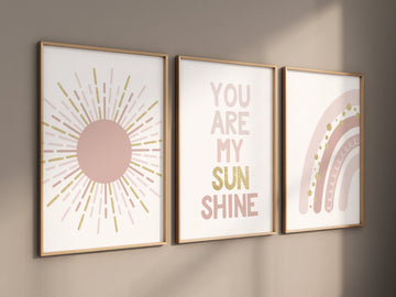 Nursery prints rainbow, boho nursery, blush and gold, you are my sunshine, rainbow nursery, boho prints, girl nursery prints, blush gold