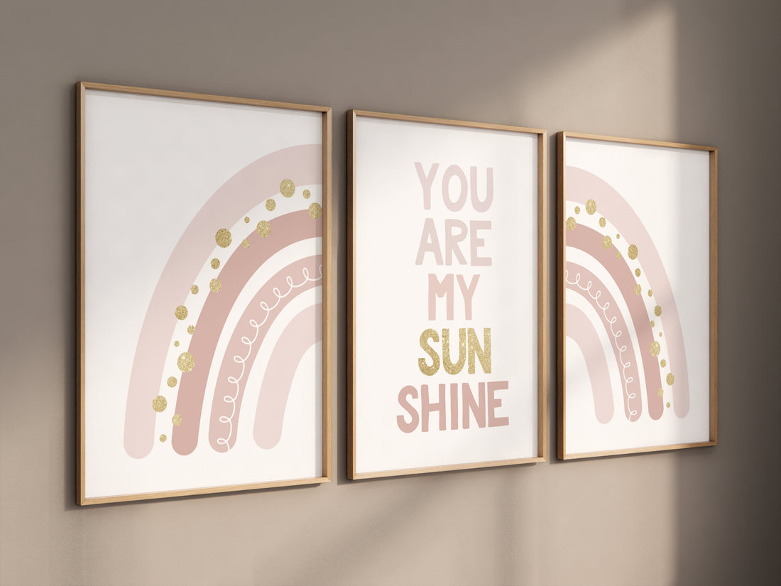 Nursery prints rainbow, boho nursery, blush and gold, you are my sunshine, rainbow nursery, boho prints, girl nursery prints, blush gold