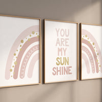 Nursery prints rainbow, boho nursery, blush and gold, you are my sunshine, rainbow nursery, boho prints, girl nursery prints, blush gold