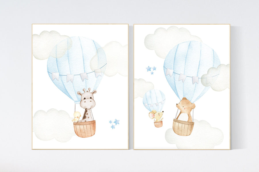 Nursery decor boy adventure, blue nursery, hor air balloon, woodland animals, elephant, baby bear, giraffe, bunny, baby room wall art