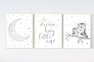 Nursery wall art grey, gray nursery, gender neutral nursery, owl nursery, moon, stars, grey nursery wall decor, baby room art prints