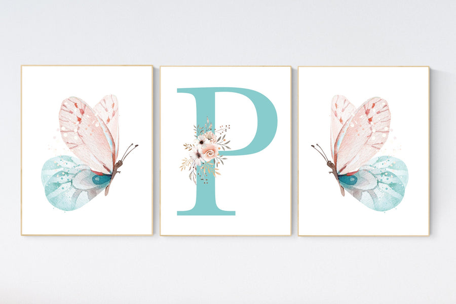 Nursery decor girl butterfly, nursery decor coral teal, nursery decor girl, Butterfly Nursery Art, Girl Nursery Art, Butterfly Wall Art