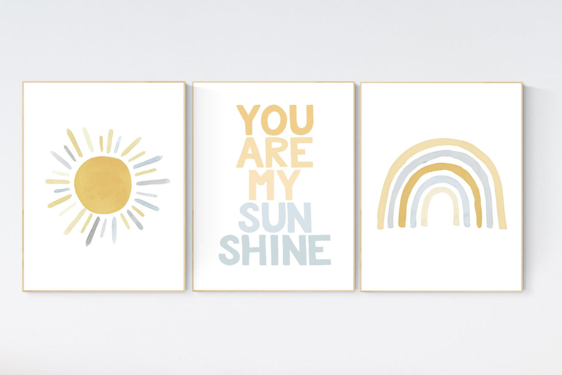 Nursery prints rainbow, mustard yellow and blue, nursery wall decor, rainbow nursery, you are my sunshine, nursery decor neutral, sunshine