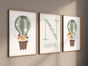 Nursery decor neutral, green, sage green wall art, gender neutral nursery decor, baby room decor, nursery prints neutral, hot air balloon